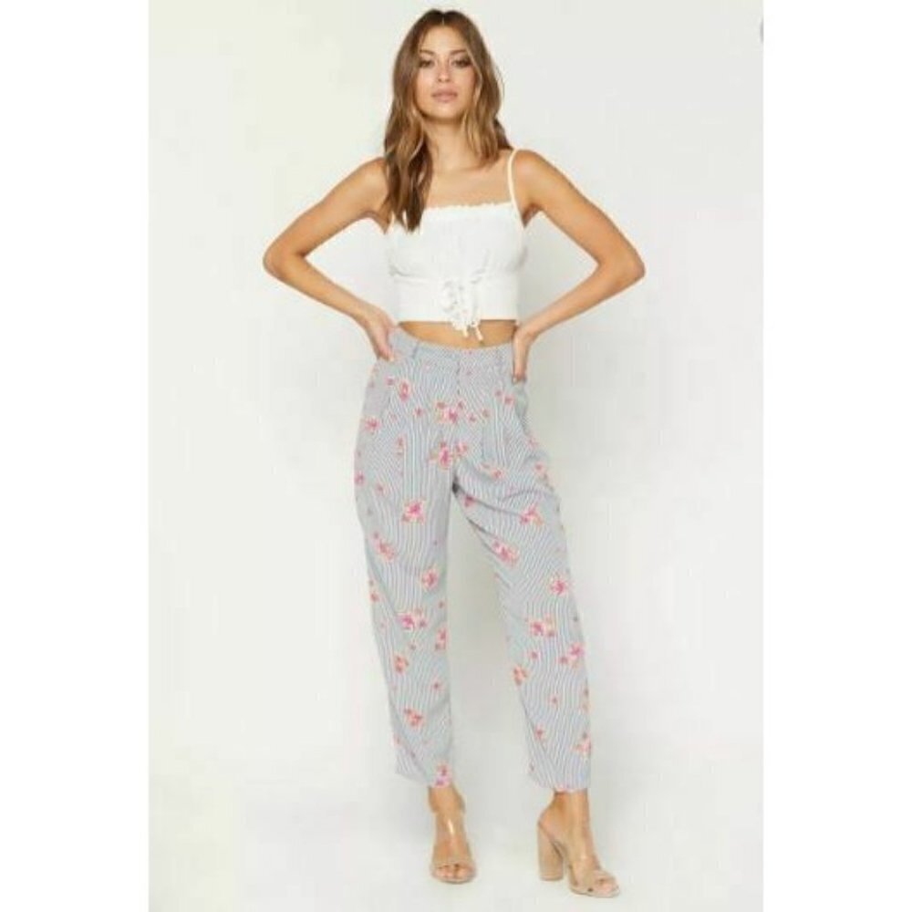 New Flynn Skye Moon River Tyler Pant Womens S Grey Stripe Floral High Waist